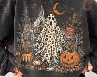 Fall Leopard Ghost Png, Pumpkin Patch Ghosts Design, Farmhouse Halloween Png, Fall Shirt Png