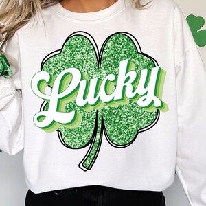 Lucky St.Patrick's Day PNG, Lentejuelas falsas PNG, Diseño de camisa Lucky Shamrock, Sparkly Clover PNG, Trébol de 4 hojas, Diseños de sublimación, Archivo Png