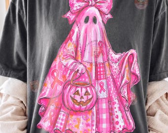 Immagine PNG di un fantasma rosa per la sensibilizzazione sul cancro al seno, design retrò per Halloween, grafica per maglietta con fiocco, sublimazione per la lotta contro il cancro al seno, download digitale