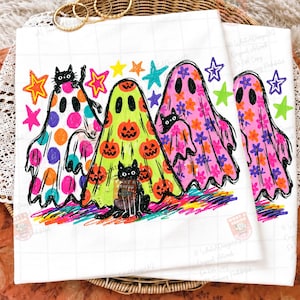 Preppy Halloween-Geist und Katze PNG, Bunter Leopard-Geist PNG, Glitzer-T-Shirt-Design, Viral Preppy Girly Geist PNG, schwarze Katze Clipart Bild 1