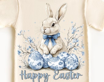 Happy Easter PNG, Grand Millennial Easter Png, Blue Floral Chinoiserie Bunny Png, Blue Toile Easter Rabbit Png, Girls, Easter Coquette Png