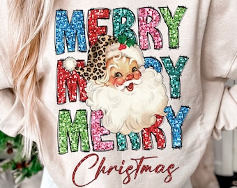 Vrolijk Kerstmis PNG, neppe pailletten, kerst PNG, kerstman met luipaardprint, kerstshirt PNG, sublimatieontwerp, levendig PNG-ontwerp