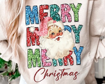 Merry Christmas Png, Faux Sequin, Christmas PNG, Pink Santa Claus Design, Christmas Shirt Png, Sublimation Design, Digital Download, Vibrant