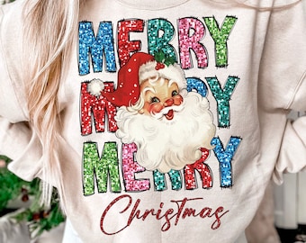 Merry Christmas Png, Faux Sequin, Christmas PNG, Retro Santa Claus Design, Christmas Shirt Png, Sublimation Design, Digital Download,Vibrant