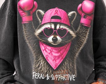 Immagine PNG di Feral e Fighter, design della squadra di supporto per il cancro al seno, PNG di una maglietta vintage con nastro rosa, download per sublimazione per la sensibilizzazione sul cancro