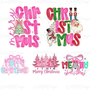 May include: A collection of Christmas-themed designs with the words "Merry Christmas" and "Christmas" in various styles. The designs feature pink, green, and blue colors, along with illustrations of Christmas trees, Santa Claus, and snowmen.
