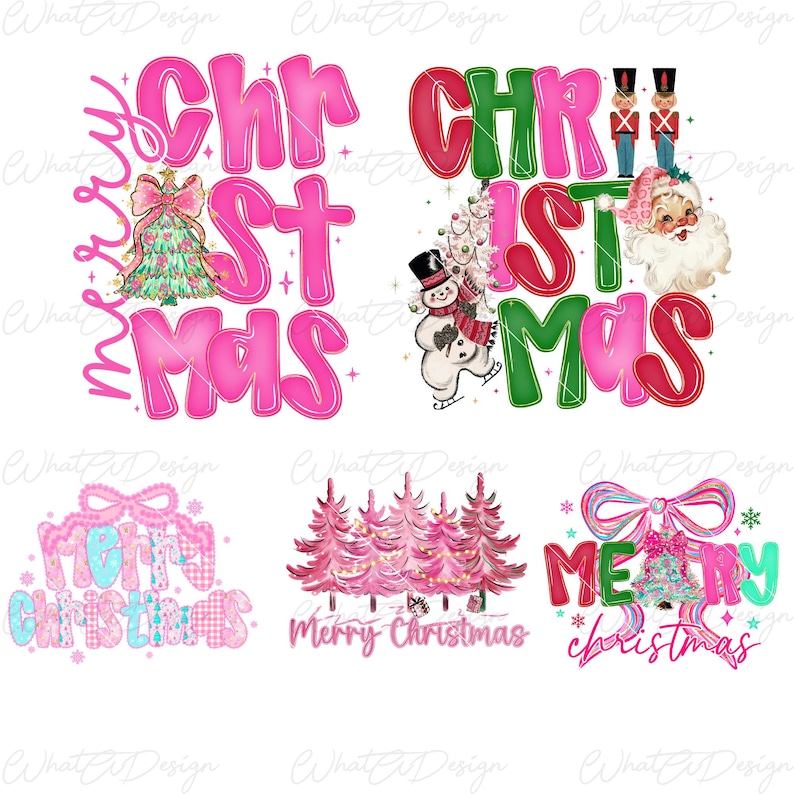 May include: A collection of Christmas-themed designs with the words "Merry Christmas" and "Christmas" in various styles. The designs feature pink, green, and blue colors, along with illustrations of Christmas trees, Santa Claus, and snowmen.