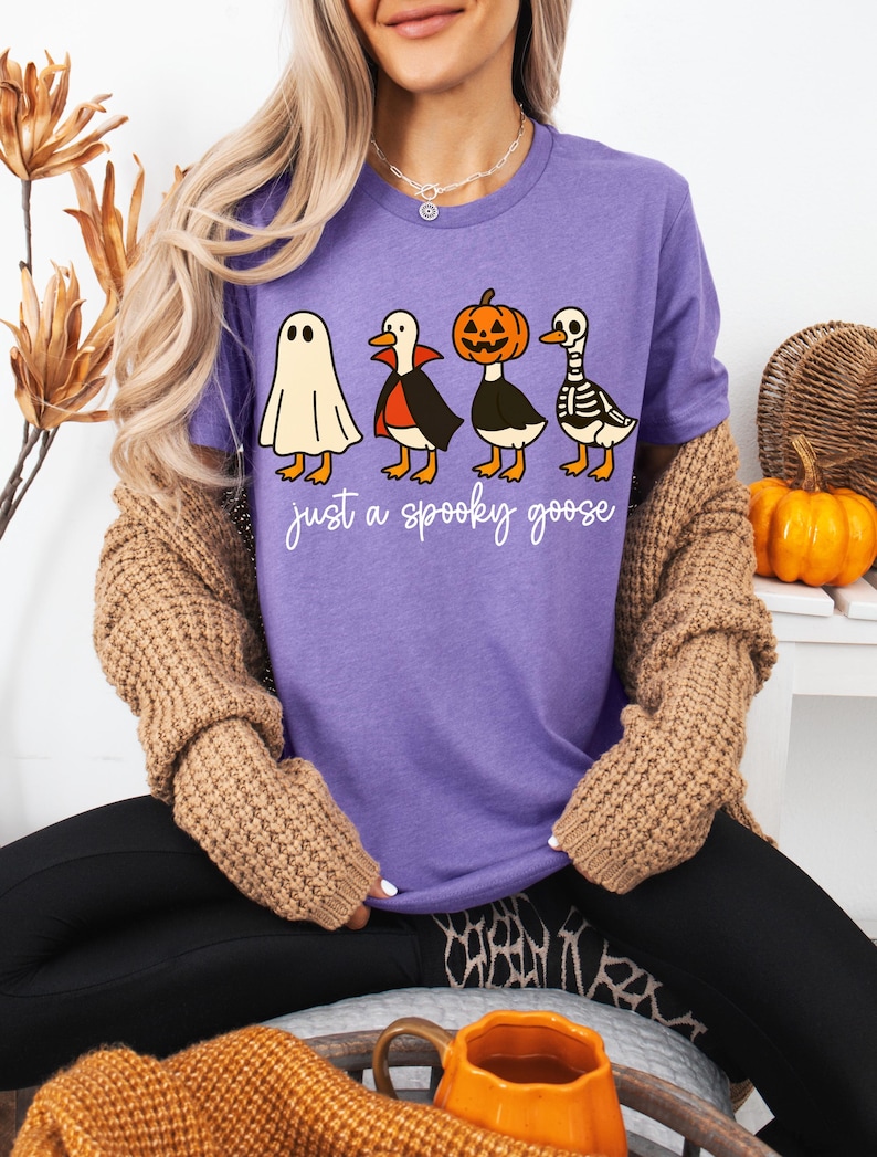 May include: A purple t-shirt featuring a Halloween-themed design with four cartoon geese dressed as a ghost, vampire, jack-o'-lantern, and skeleton. The text "just a spooky goose" is printed below the geese in a handwritten style.