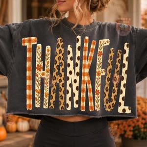 May include: A charcoal gray cropped sweatshirt featuring the word THANKFUL printed in large letters. Each letter displays a unique pattern, including orange and white gingham, floral prints, and brown leopard spots on a dark fabric base.