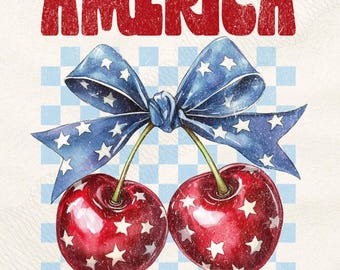 America Cherries PNG, 4th of July Coquette Png, America Bow PNG, USA Png, Vintage America, Trendy July 4th Png