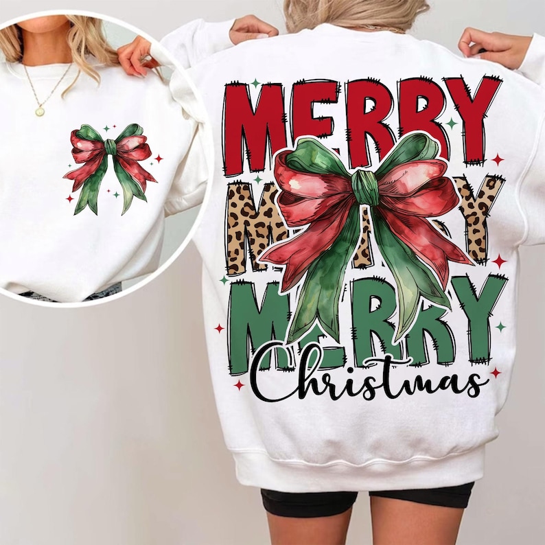 Merry Merry Christmas text design with leopard print and plaid bow illustration