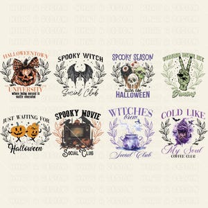 May include: A set of 8 Halloween-themed digital designs featuring spooky and whimsical illustrations. The designs include a witch's cauldron, a spooky movie scene, a skull with a bat, a pumpkin, a hand with a peace sign, and more. The designs are perfect for creating t-shirts, mugs, tote bags, and other Halloween-themed merchandise.