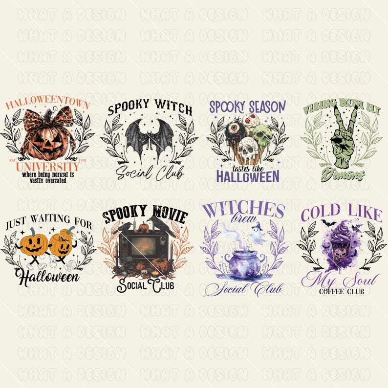 May include: A set of 8 Halloween-themed digital designs featuring spooky and whimsical illustrations. The designs include a witch's cauldron, a spooky movie scene, a skull with a bat, a pumpkin, a hand with a peace sign, and more. The designs are perfect for creating t-shirts, mugs, tote bags, and other Halloween-themed merchandise.