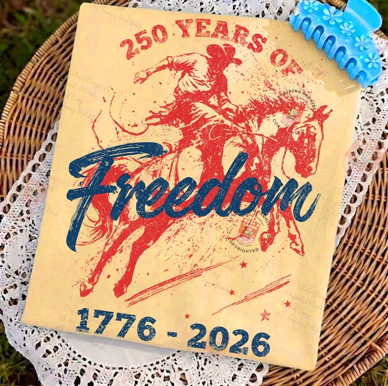 May include: A tan t-shirt with a red and blue graphic of a cowboy riding a horse, with the word "Freedom" in blue script. The text "250 Years of" and "1776-2026" are also visible. A blue hair clip with flower details is in the upper right corner.