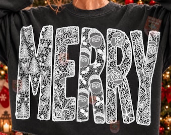 Retro Lace Merry PNG, Merry Christmas PNG, Floral Lace, Vintage Lace Sublimation, Cottagecore Christmas Png, Girly Christmas Png