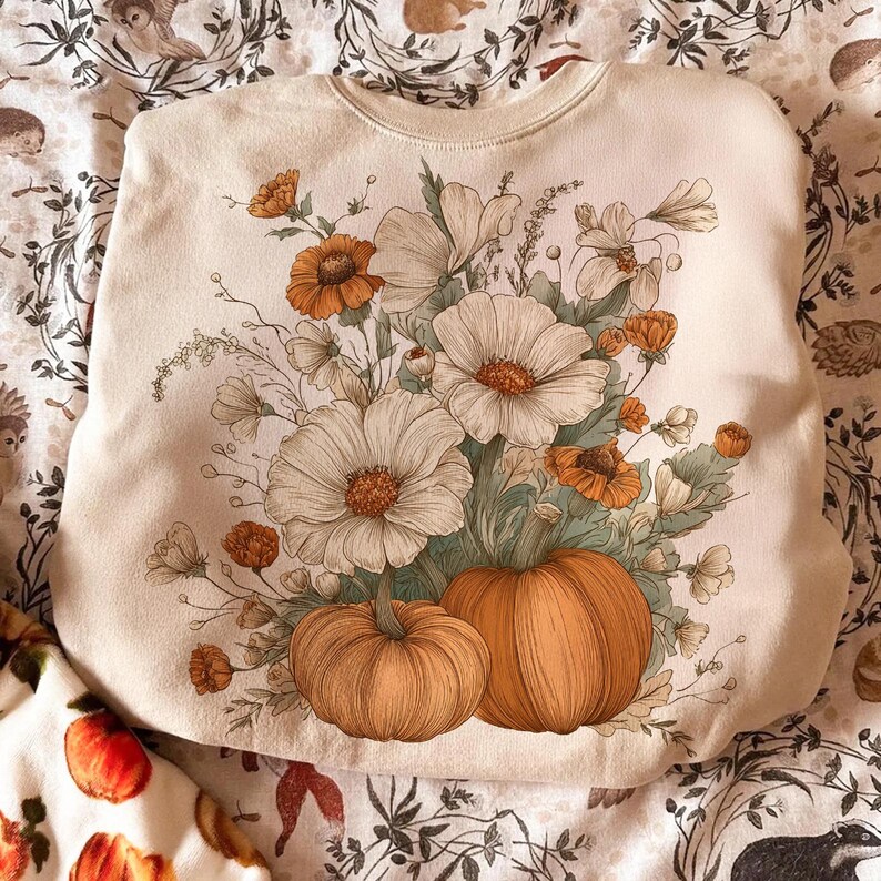 Pu&ograve; includere: Felpa color crema con un design floreale con fiori bianchi e arancioni e due zucche arancioni. Il design &egrave; centrato sulla parte anteriore. Lo sfondo &egrave; un tessuto fantasia con foglie e creature del bosco.