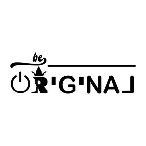 May include: Black and white graphic design with the text "be original" and a stylized power button and crown.