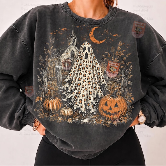 Fall Leopard Ghost Png, Pumpkin Patch Ghosts Design, Farmhouse Halloween Png, Fall Shirt Png