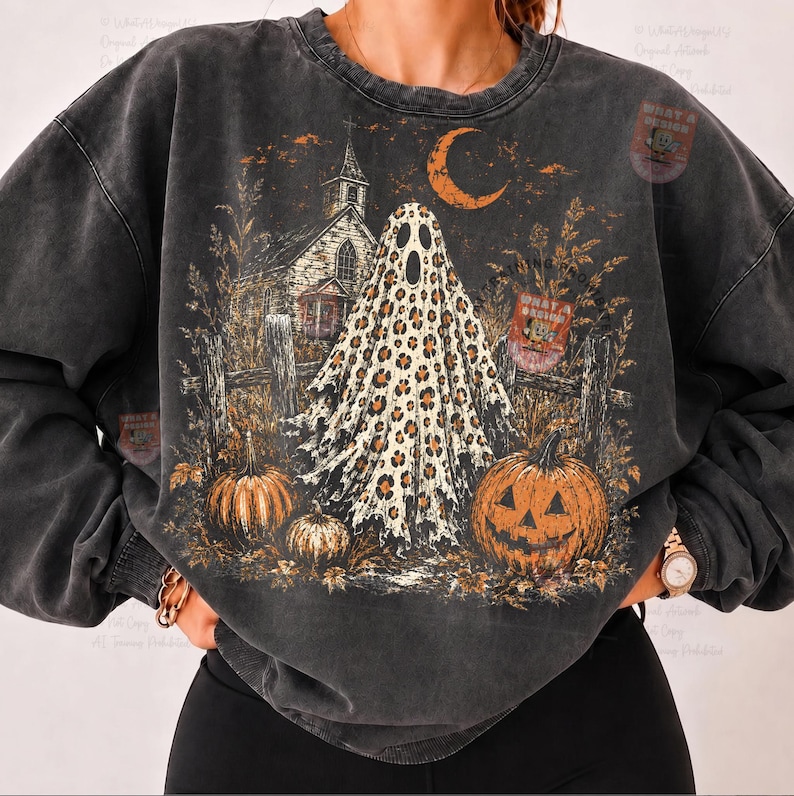 May include: A charcoal gray crewneck sweatshirt featuring a graphic print of a ghost with a leopard print pattern, a haunted house, a crescent moon, and two orange pumpkins. The design includes tall grass and a wooden fence in a rustic style.