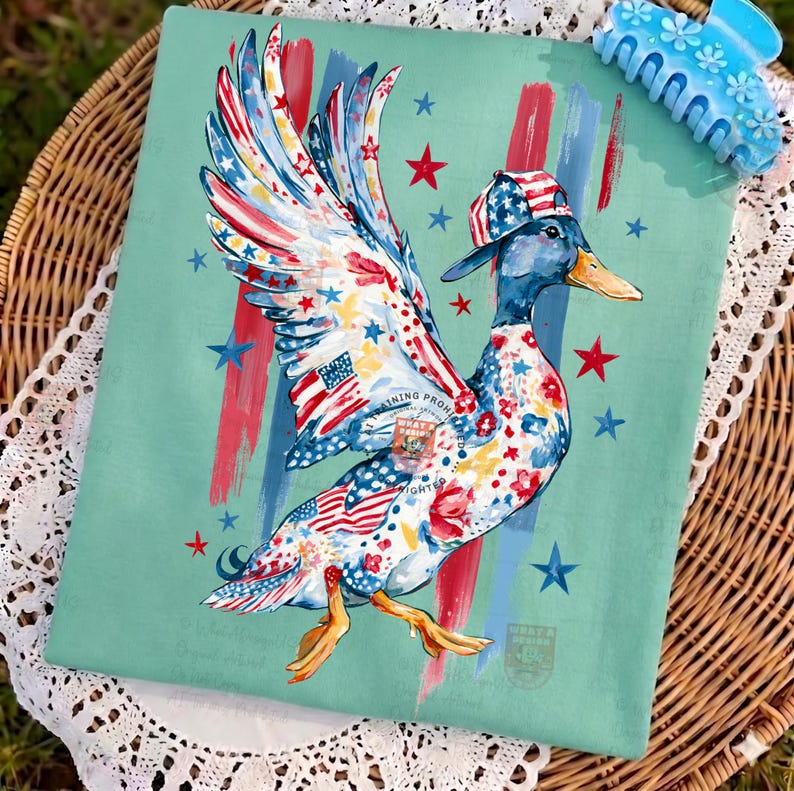 May include: A decorative cushion featuring a duck design with American flag motifs. The duck is depicted wearing a cap and has wings decorated with stars and stripes. The background is a pale teal with red and blue stripes and stars.
