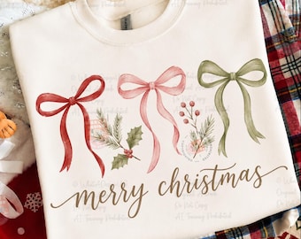 Coquette Floral Merry Christmas Png, Preppy Christmas Bow Png, Christmas Tree, Coquette Bow Png