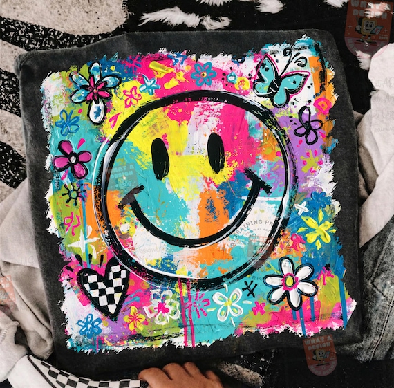 Retro Smiley Face PNG: Floral, Butterfly Design (Digital Download)