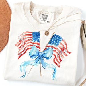 Preppy Watercolor American Flag PNG, Coquette Bow Patriotic Design, Grandmillennial 4th of July Sublimation, USA Independence Day