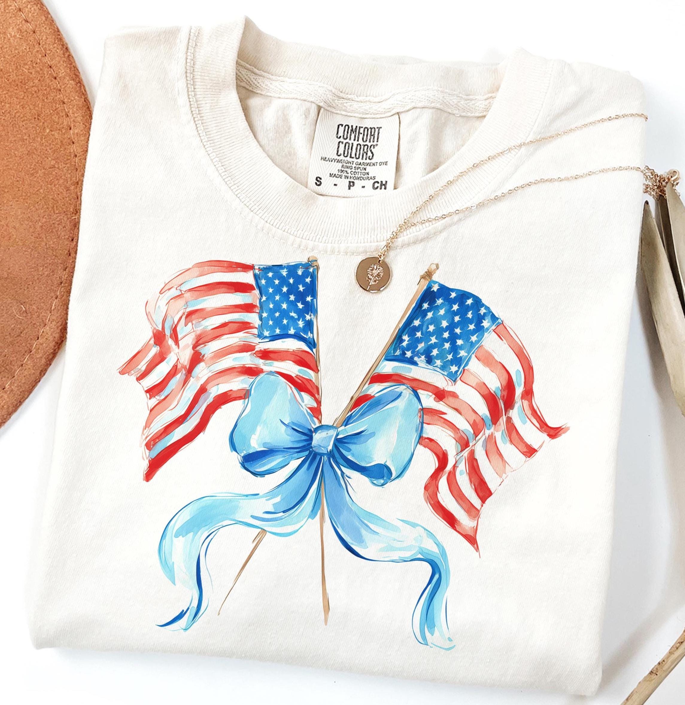 Preppy Watercolor American Flag PNG, Coquette Bow Patriotic Design, Grandmillennial 4th of July Sublimation, USA Independence Day