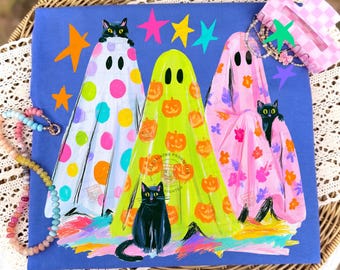 Preppy Halloween Ghost and Cat PNG, Colorful Leopard Ghost PNG, Glitter Tee Design, Viral Preppy Girly Ghost PNG, Black Cat Clipart