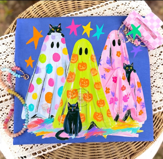 Preppy Halloween Ghost and Cat PNG, Colorful Leopard Ghost PNG, Glitter Tee Design, Viral Preppy Girly Ghost PNG, Black Cat Clipart
