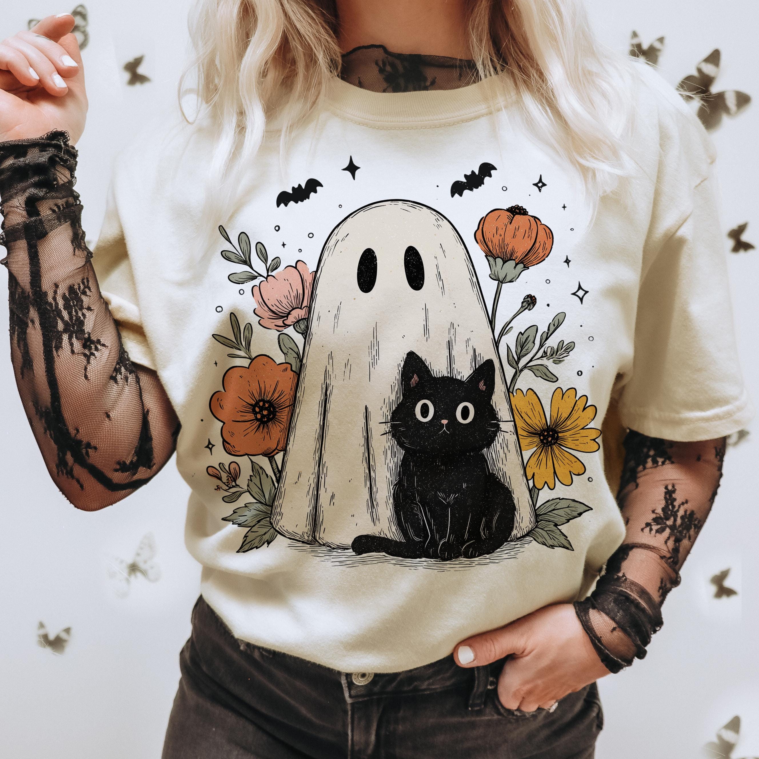 Cute Halloween Ghost and Cat Png, Retro Spooky Floral Halloween Png ...