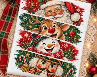 Christmas Characters PNG, Santa Reindeer Snowman Nutcracker PNG, Whimsical Holiday Collage, Retro Christmas Design