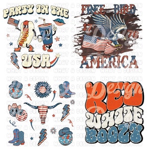 K&ouml;nnte beinhalten: Eine digitale Collage aus vier Bildern mit patriotischem Thema. Das Bild oben links zeigt einen Hotdog, ein Getr&auml;nk und den Text "Party in the USA". Das Bild oben rechts zeigt einen Adler mit dem Text "Free Bird 1776 America". Das Bild unten links zeigt eine Vielzahl von rot-wei&szlig;-blauen Bildern, darunter einen Cowboyhut, einen Sch&auml;del und ein Feuerwerk. Das Bild unten rechts zeigt den Text "Red White Boozy" in einer Retro-Schrift.