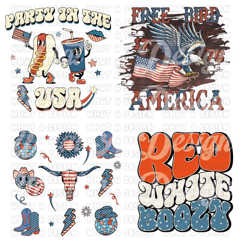 K&ouml;nnte beinhalten: Eine digitale Collage aus vier Bildern mit patriotischem Thema. Das Bild oben links zeigt einen Hotdog, ein Getr&auml;nk und den Text "Party in the USA". Das Bild oben rechts zeigt einen Adler mit dem Text "Free Bird 1776 America". Das Bild unten links zeigt eine Vielzahl von rot-wei&szlig;-blauen Bildern, darunter einen Cowboyhut, einen Sch&auml;del und ein Feuerwerk. Das Bild unten rechts zeigt den Text "Red White Boozy" in einer Retro-Schrift.