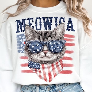 Meowica 4 juillet Png, chat patriotique PNG, Clipart chat 4 juillet, Design chat sur le thème des Etats-Unis, Design en sublimation chats bleu blanc rouge