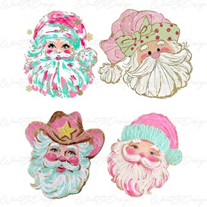 May include: Four whimsical Santa Claus illustrations in pink, teal, and gold. Each Santa has a unique hat, including a cowboy hat and a traditional cap. The designs feature glitter accents and a vintage aesthetic, perfect for holiday crafts.