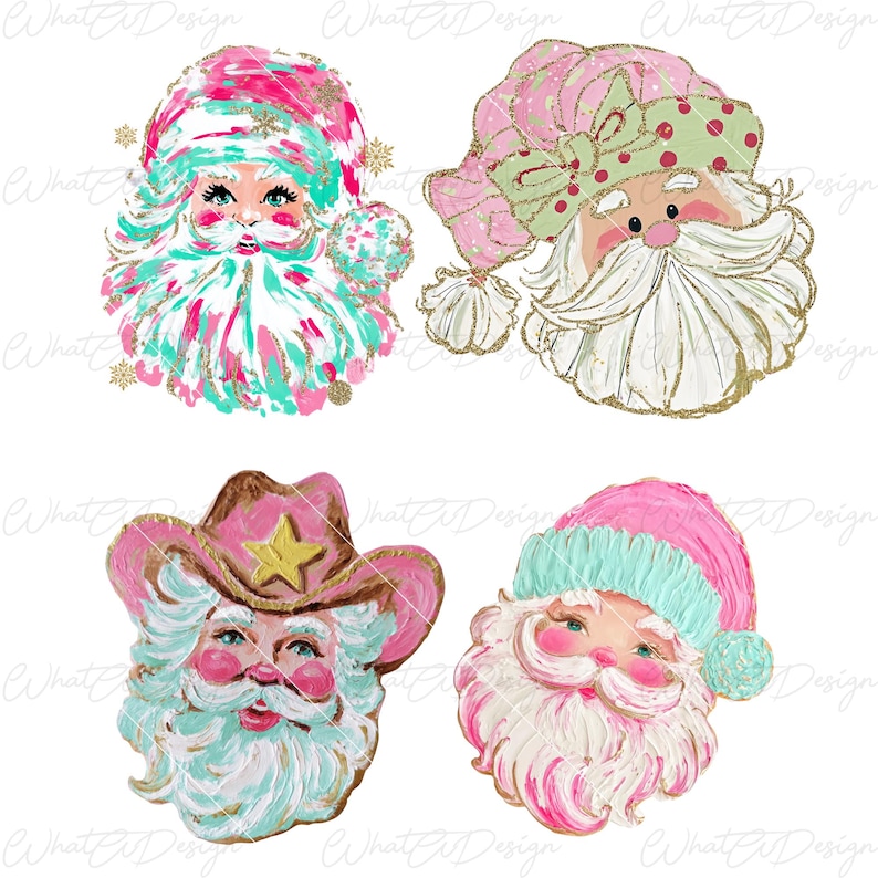 May include: Four whimsical Santa Claus illustrations in pink, teal, and gold. Each Santa has a unique hat, including a cowboy hat and a traditional cap. The designs feature glitter accents and a vintage aesthetic, perfect for holiday crafts.