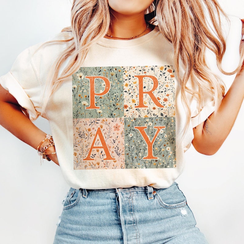 Digital Pray Christian PNG design featuring floral patchwork letter squares.