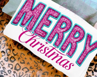 Merry Christmas Sequin PNG, Pink Faux Embroidery Christmas Png, Coquette Preppy Christmas PNG, Sparkly Retro Xmas Design