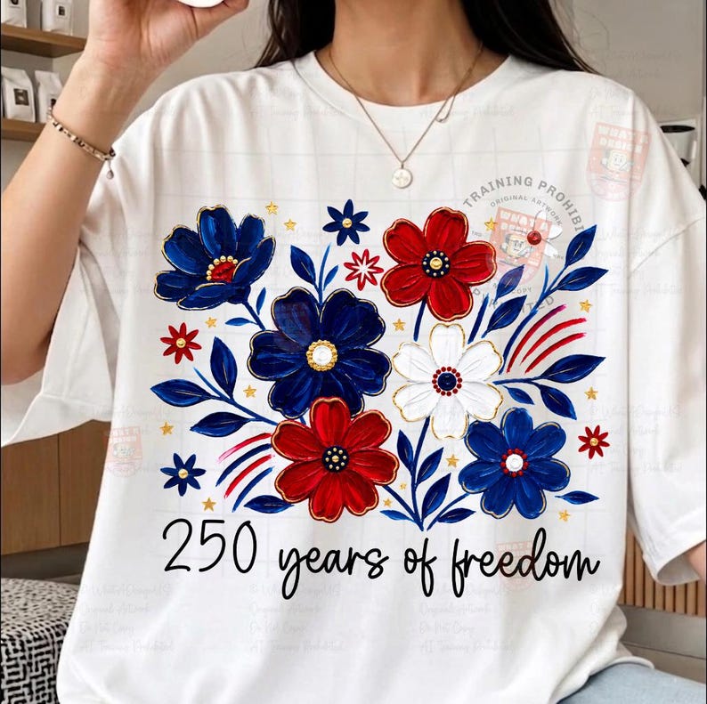 May include: White t-shirt featuring a floral design in red, white, and blue, with gold accents. The design includes the text "250 years of freedom" in a script font. The shirt has a crew neck and short sleeves.