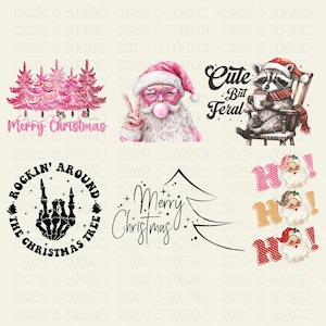 May include: A set of six Christmas-themed digital designs featuring a pink Christmas tree, a Santa Claus with a bubble, a raccoon wearing a Santa hat, a Christmas tree with the text "Merry Christmas", a hand with the text "Rockin' Around the Christmas Tree", and a set of three "Ho!" designs with different colors and patterns.