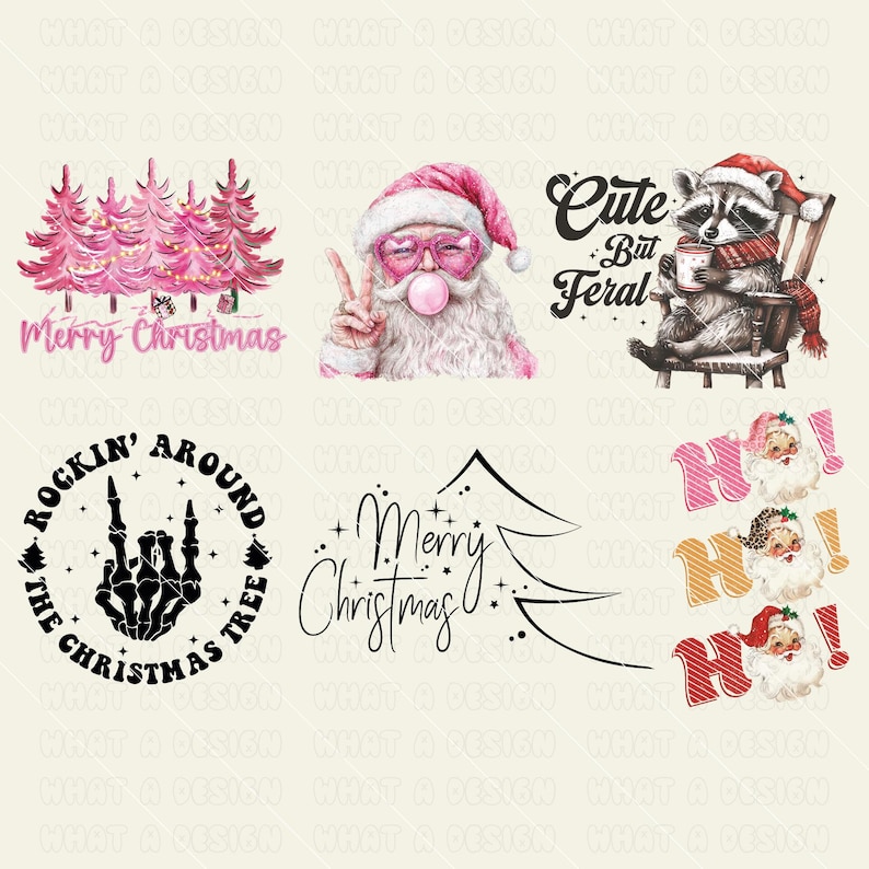 May include: A set of six Christmas-themed digital designs featuring a pink Christmas tree, a Santa Claus with a bubble, a raccoon wearing a Santa hat, a Christmas tree with the text "Merry Christmas", a hand with the text "Rockin' Around the Christmas Tree", and a set of three "Ho!" designs with different colors and patterns.