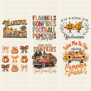 May include: A collection of fall-themed designs featuring pumpkins, bows, and text. Designs include phrases like "Thankful," "Flannels, Bonfires, Football, Pumpkins," and "Just Waiting for Halloween." Other designs show a truck filled with pumpkins.