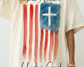 One Nation Under God PNG, 4th of July Christian Patriotic Sublimation PNG, Faith and Freedom Shirt Design PNG, American Flag Cross Digital