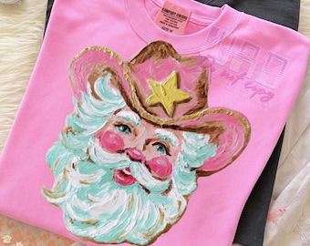 Hand-painted Western Cowboy Santa Christmas Png, Preppy Brushstroke Christmas Png Vintage Merry Christmas PNG, Holiday Sublimation
