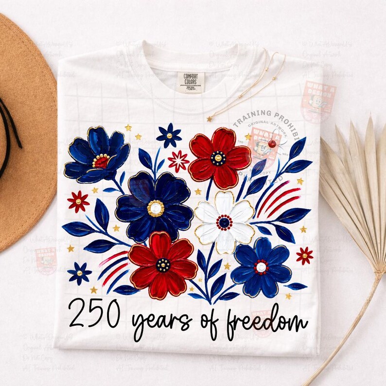 May include: White t-shirt with a floral design in red, white, and blue. The design includes flowers, leaves, and the text "250 years of freedom" in black script. The shirt is a Comfort Colors brand.