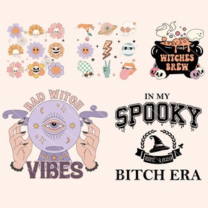 K&ouml;nnte beinhalten: Ein Satz digitaler Illustrationen mit einem Hexenthema. Die Illustrationen beinhalten eine Kristallkugel mit einem Auge, einen Kessel mit dem Text "Witches Brew", einen Hexenhut und den Text "In My Spooky Bitch Era".