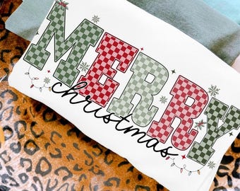 Merry Christmas PNG, Red Green Plaid Christmas Png, Checkered Merry Christmas Design, Holiday Sublimation Png, Preppy Christmas Png