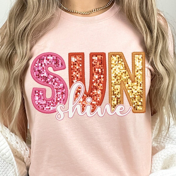 Sunshine PNG Faux Sequins Embroidered Letters Springbreak Shirt Design Sunshine Shirt Design Here summer png, boho png,retro png sublimation