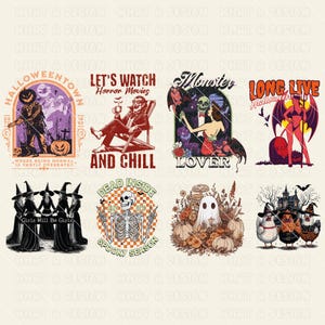 May include: A set of ten digital designs featuring Halloween-themed illustrations and text. The designs include a spooky town, a monster lover, a ghost, a skeleton, and more. The designs are perfect for creating t-shirts, mugs, tote bags, and other merchandise.